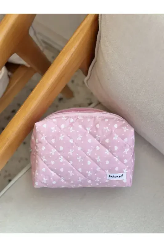 Pembe Kurdele Desenli Makyaj Çantası - Büyük Boy-Pembe - 1
