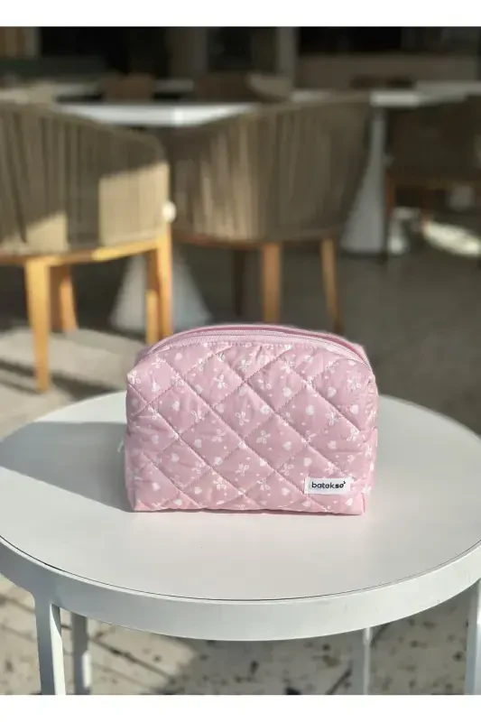 Pembe Kurdele Desenli Makyaj Çantası - Büyük Boy-Pembe - 3