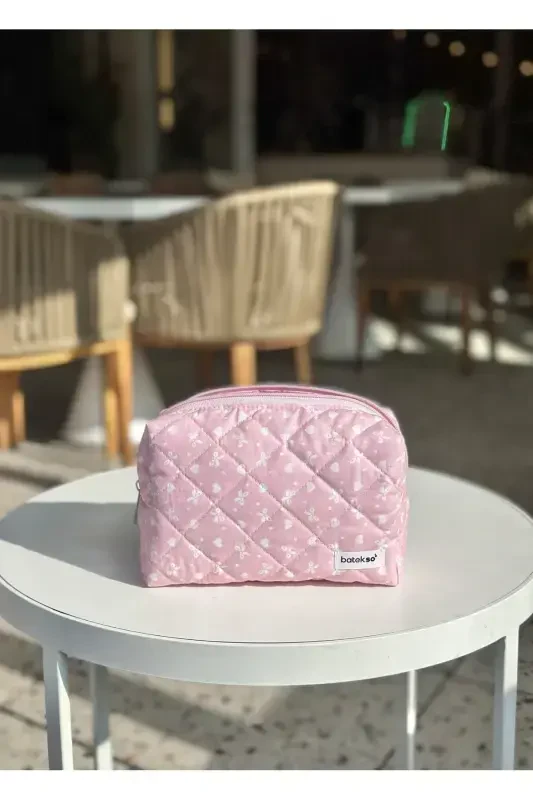 Pembe Kurdele Desenli Makyaj Çantası - Büyük Boy-Pembe - 4