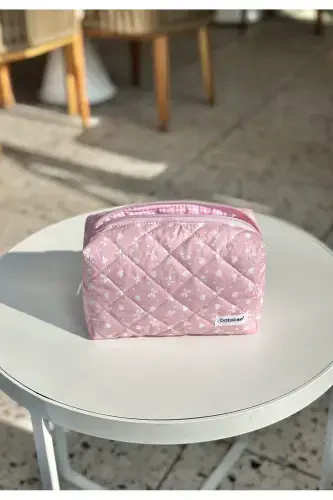 Pembe Kurdele Desenli Makyaj Çantası - Büyük Boy-Pembe - 5