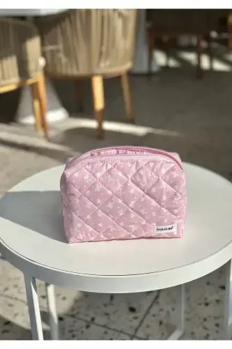 Pembe Kurdele Desenli Makyaj Çantası - Büyük Boy-Pembe - 6