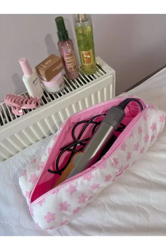 Pembe Papatyalı Saç Maşa Düzleştirici Çantası Airwrap Airstrait İçin Uyumlu Büyük Seyahat Çantası-Pembe Papatyalı - 2
