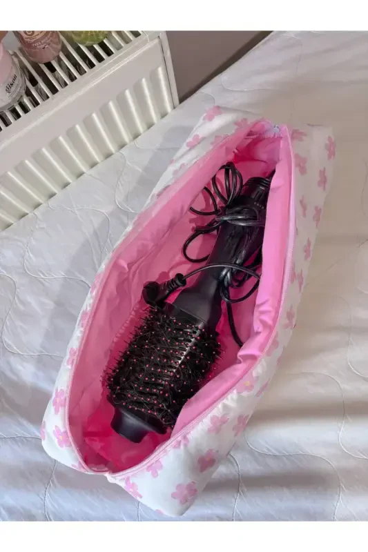 Pembe Papatyalı Saç Maşa Düzleştirici Çantası Airwrap Airstrait İçin Uyumlu Büyük Seyahat Çantası-Pembe Papatyalı - 3
