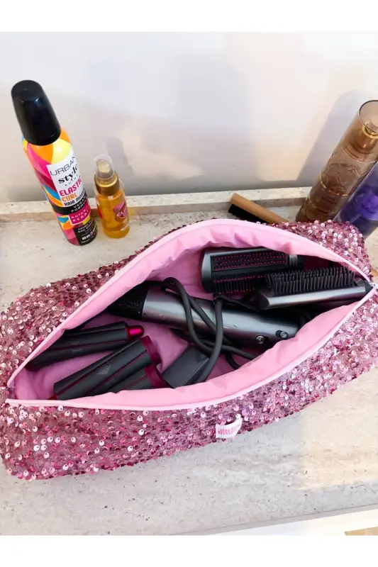 Pembe Payetli Saç Düzleştirici Çantası Pullu Pembe Airwrap Airstrait Uyumlu Seyahat Çantası-Pembe Payetli - 2