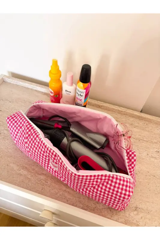 Pembe Pötikareli Saç Düzleştirici Çantası Airwrap Airstrait Uyumlu Seyahat Çantası - Pembe Pötikare - 3