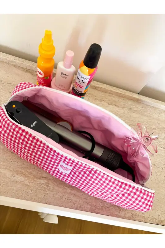 Pembe Pötikareli Saç Düzleştirici Çantası Airwrap Airstrait Uyumlu Seyahat Çantası - Pembe Pötikare - 5