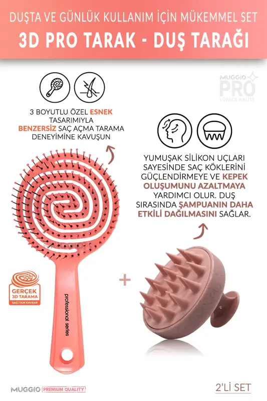 Pembe Pro Üç Boyutlu Oval Saç Fırçası + Pembe Silikon Duş Masaj Tarağı - pembe - 1