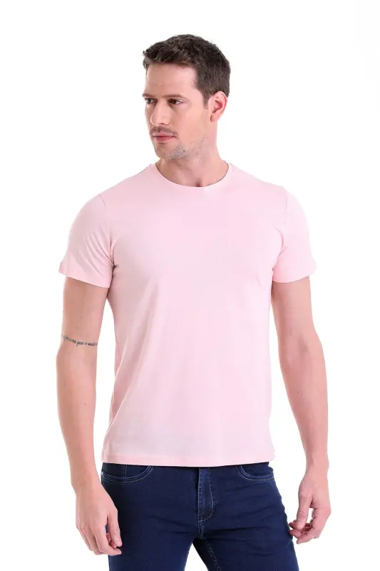 Pembe Regular Fit Düz 100% Pamuk Bisiklet Yaka Tişört - Pembe - 3