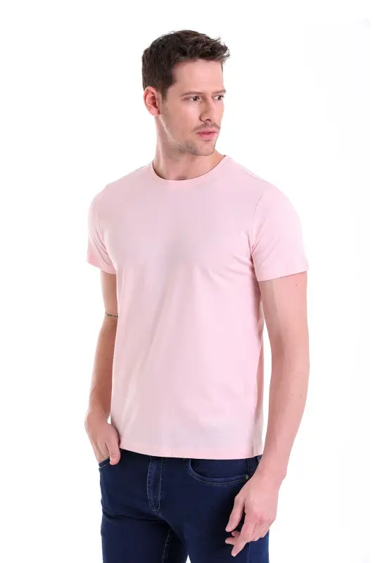 Pembe Regular Fit Düz 100% Pamuk Bisiklet Yaka Tişört - Pembe - 4