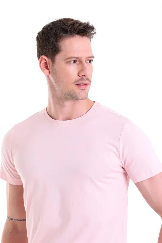 Pembe Regular Fit Düz 100% Pamuk Bisiklet Yaka Tişört - Pembe - 5