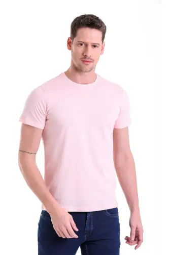 Pembe Regular Fit Düz 100% Pamuk Bisiklet Yaka Tişört - Pembe 