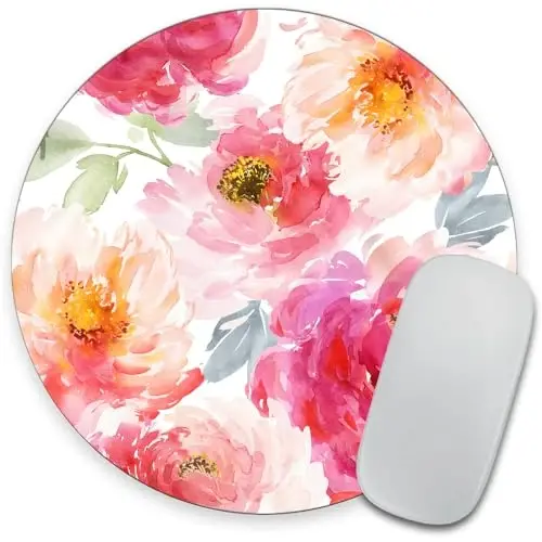 Pink Peony Flower Round Mousepad, Personalized Custom Design Mouse Pads，Cute Waterproof Circular Non-Slip Rubber Base Small Mouse Pad， Mousepad for Laptop Computers - 1