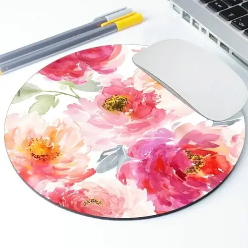 Pink Peony Flower Round Mousepad, Personalized Custom Design Mouse Pads，Cute Waterproof Circular Non-Slip Rubber Base Small Mouse Pad， Mousepad for Laptop Computers - GOODSPROUT (1)