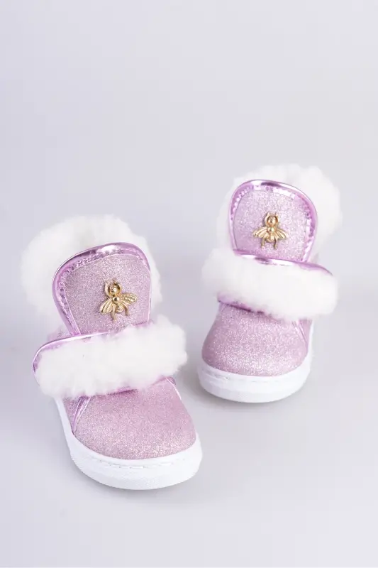 Pembe Simli Kürklü Arı Detaylı Cırtlı Kaymaz Taban Kız Çocuk Bot-Pembe Sim - 2