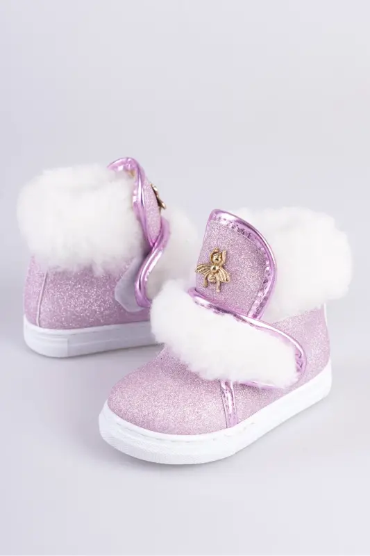 Pembe Simli Kürklü Arı Detaylı Cırtlı Kaymaz Taban Kız Çocuk Bot-Pembe Sim - 4