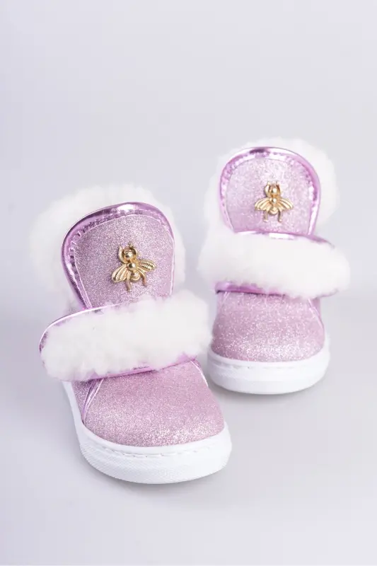 Pembe Simli Kürklü Arı Detaylı Cırtlı Kaymaz Taban Kız Çocuk Bot-Pembe Sim - 6