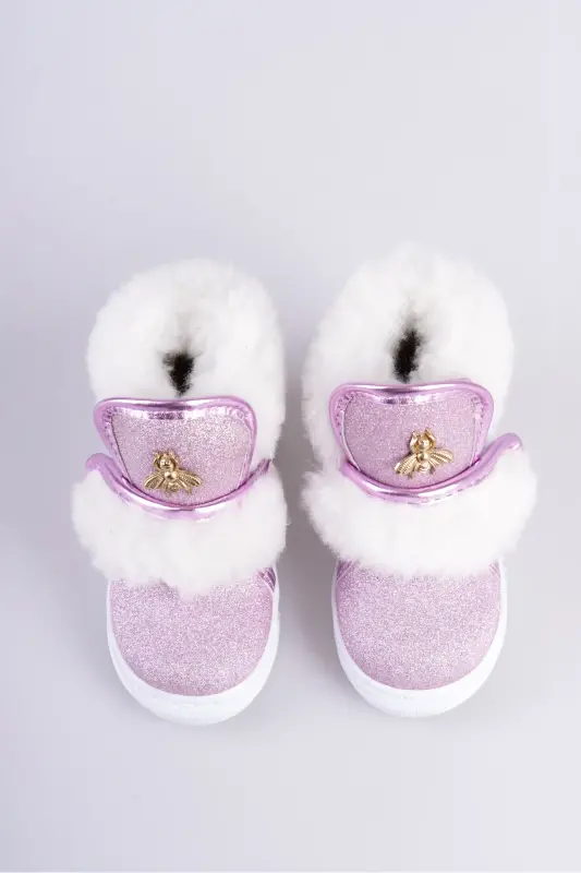 Pembe Simli Kürklü Arı Detaylı Cırtlı Kaymaz Taban Kız Çocuk Bot-Pembe Sim - 3