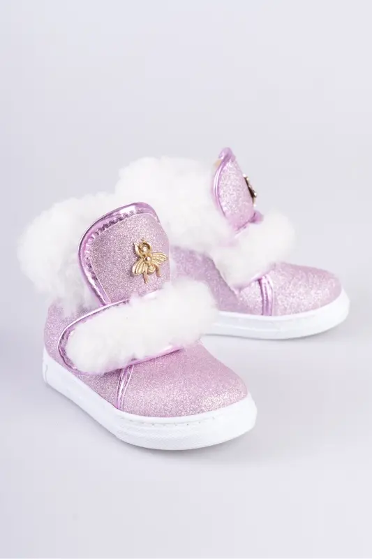 Pembe Simli Kürklü Arı Detaylı Cırtlı Kaymaz Taban Kız Çocuk Bot-Pembe Sim - 5