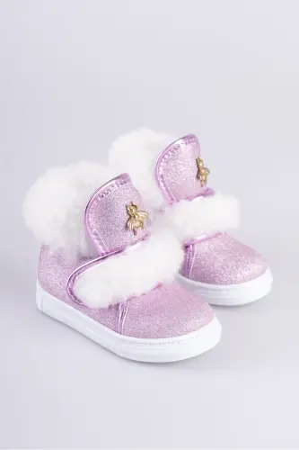 Pembe Simli Kürklü Arı Detaylı Cırtlı Kaymaz Taban Kız Çocuk Bot-Pembe Sim 