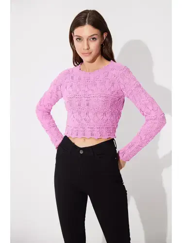 Pembe Sırt Dekolteli Bisiklet Yaka Triko Kazak-Pembe - 1