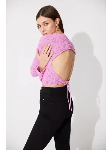 Pembe Sırt Dekolteli Bisiklet Yaka Triko Kazak-Pembe - 3