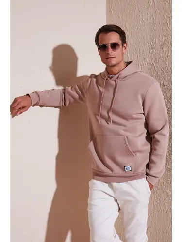 Pembe Slim Fit Kapüşonlu Kanguru Cepli İçi Tüylü Yumuşak Şardonlu Erkek Hoodie 5905281-Pembe - LC WAIKIKI (1)