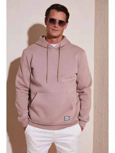 Pembe Slim Fit Kapüşonlu Kanguru Cepli İçi Tüylü Yumuşak Şardonlu Erkek Hoodie 5905281-Pembe 