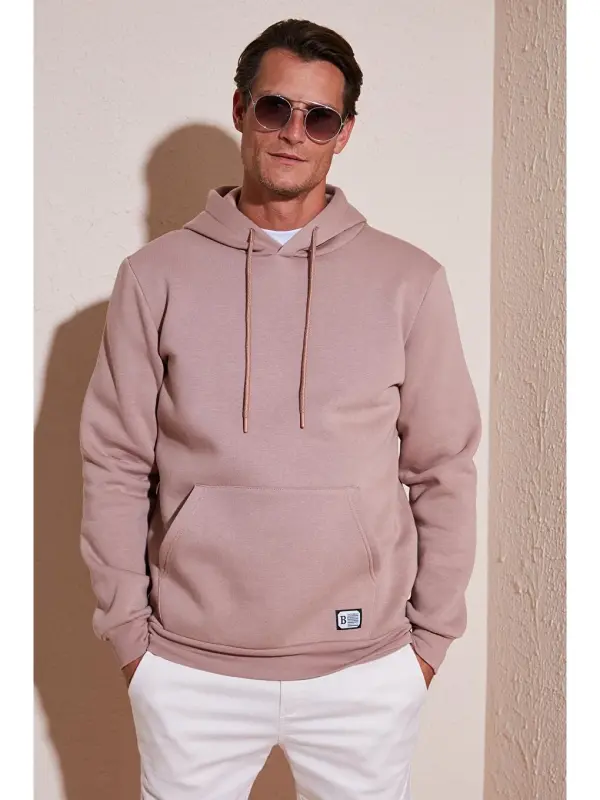Pembe Slim Fit Kapüşonlu Kanguru Cepli İçi Tüylü Yumuşak Şardonlu Erkek Hoodie 5905281-Pembe - LC WAIKIKI