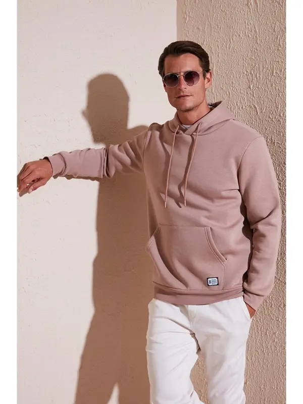 Pembe Slim Fit Kapüşonlu Kanguru Cepli İçi Tüylü Yumuşak Şardonlu Erkek Hoodie 5905281-Pembe - 2