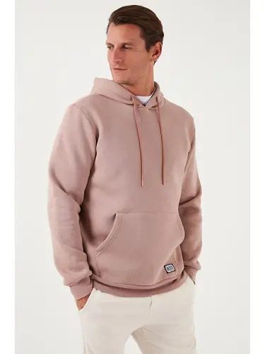 Pembe Slim Fit Kapüşonlu Kanguru Cepli İçi Tüylü Yumuşak Şardonlu Erkek Hoodie 5905281-Pembe - 3