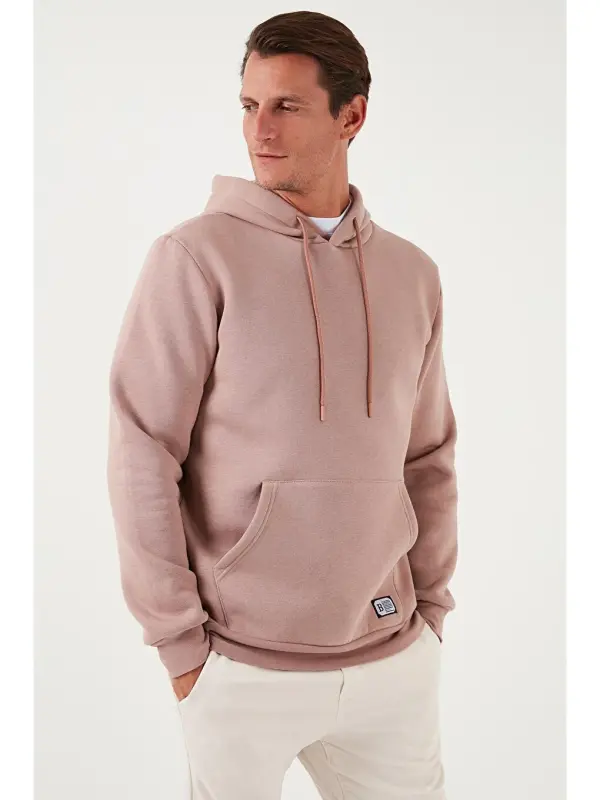 Pembe Slim Fit Kapüşonlu Kanguru Cepli İçi Tüylü Yumuşak Şardonlu Erkek Hoodie 5905281-Pembe - 3