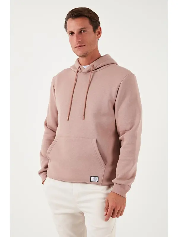 Pembe Slim Fit Kapüşonlu Kanguru Cepli İçi Tüylü Yumuşak Şardonlu Erkek Hoodie 5905281-Pembe - 4