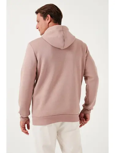 Pembe Slim Fit Kapüşonlu Kanguru Cepli İçi Tüylü Yumuşak Şardonlu Erkek Hoodie 5905281-Pembe - 5