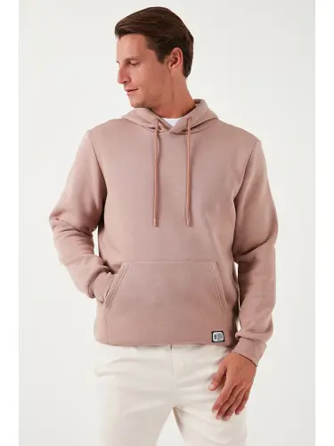 Pembe Slim Fit Kapüşonlu Kanguru Cepli İçi Tüylü Yumuşak Şardonlu Erkek Hoodie 5905281-Pembe - 6