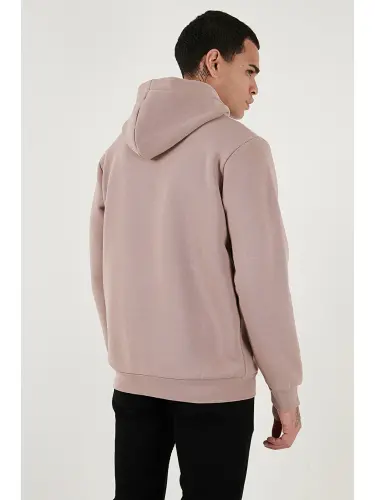 Pembe Slim Fit Kapüşonlu Kanguru Cepli İçi Tüylü Yumuşak Şardonlu Erkek Hoodie 5905281-Pembe - 7