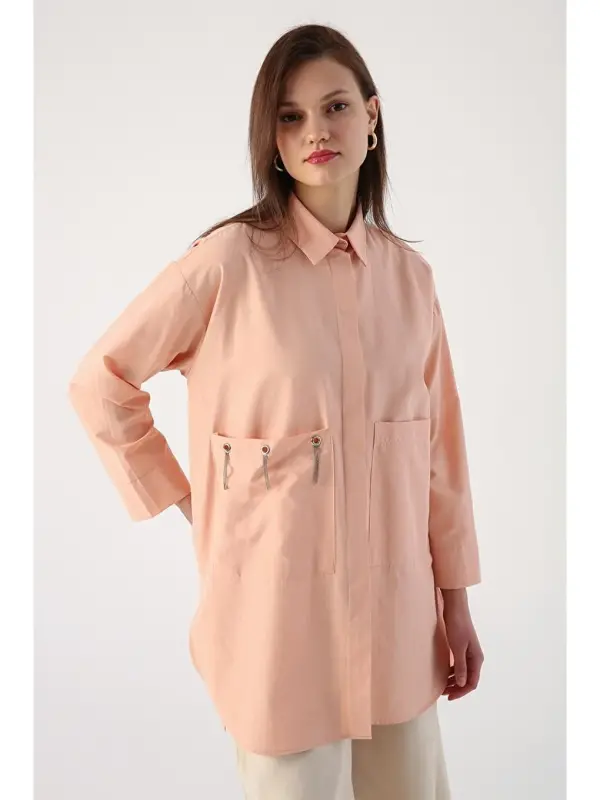 Pembe Somon Büyük Cepli Kuşgözlü Oversize Gömlek-Pembe - 1