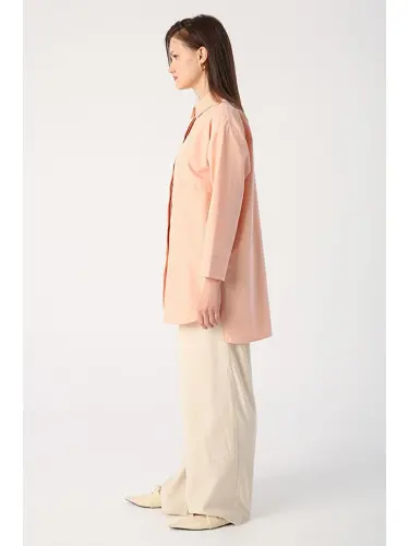 Pembe Somon Büyük Cepli Kuşgözlü Oversize Gömlek-Pembe - 3