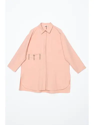 Pembe Somon Büyük Cepli Kuşgözlü Oversize Gömlek-Pembe - 6
