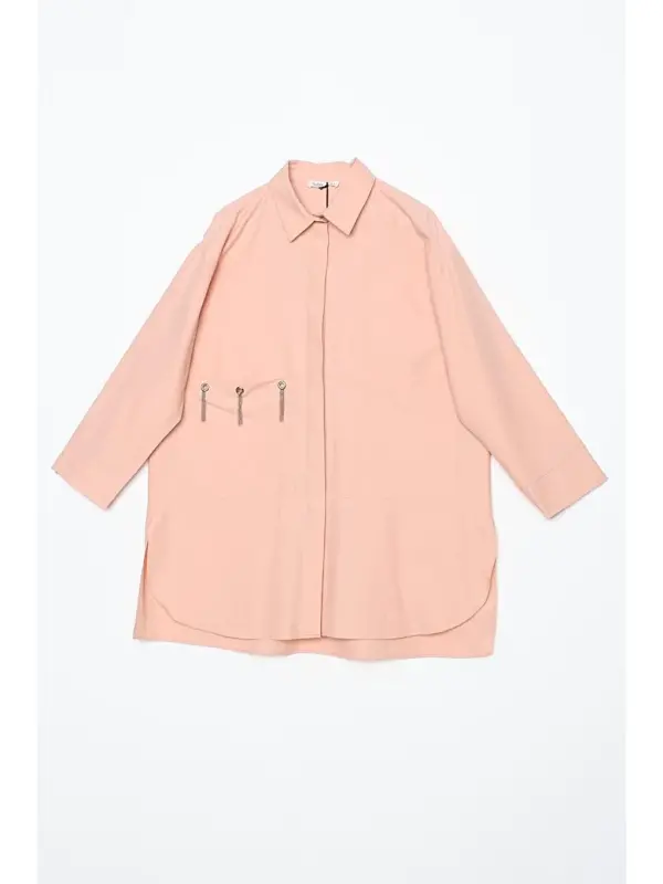 Pembe Somon Büyük Cepli Kuşgözlü Oversize Gömlek-Pembe - 6