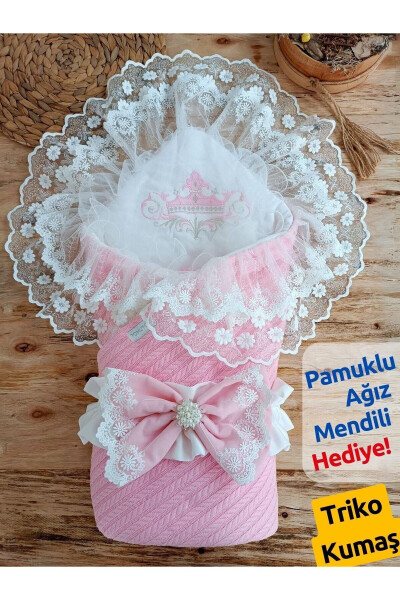 Pembe Triko Bebek Battaniyesi Dantelli Kız Erkek Bebek Kundağı Hastane Çıkışı Hediyelik Yenidoğan - 9