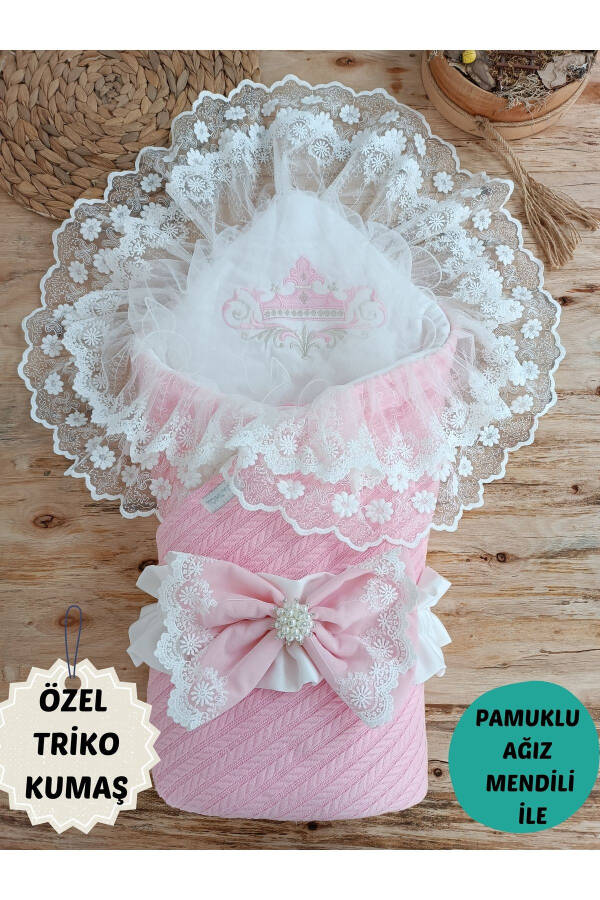 Pembe Triko Bebek Battaniyesi Dantelli Kız Erkek Bebek Kundağı Hastane Çıkışı Hediyelik Yenidoğan - 1