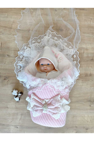 Pembe Triko Örgü Kız Bebek Batttaniyesi Kundağı Dantelli Yenidoğan Hastane Çıkışı Hediyelik-PEMBE - 7