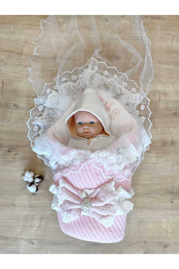 Pembe Triko Örgü Kız Bebek Batttaniyesi Kundağı Dantelli Yenidoğan Hastane Çıkışı Hediyelik-PEMBE - 7