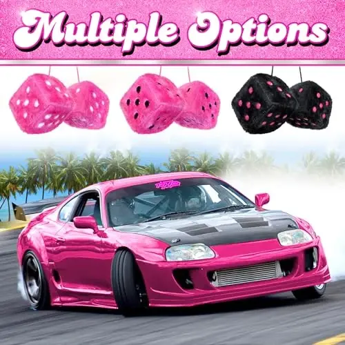 Pink Fuzzy Dice Car Accessories - Plush Cute Pink Car Accessories for Interior - Plush Rear View Mirror Hanging Ornament Decorations - Retro Y2K McBling 2000s Aesthetic Decor - (Pink White) - 4