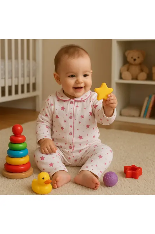 Pembe Yenidoğan Firilli Organik Pamuk Kumaş 2’li Kız Erkek Bebek Takım-Pembeayıcıklı - ANNE DOKUNUŞU GIBI KUZUM BEBE