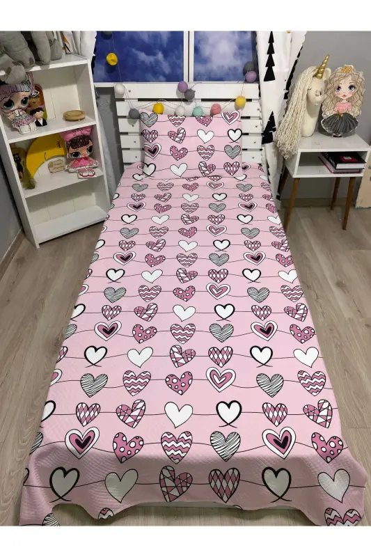 PEMBE ZEMİN KALPLER Desenli Bebek Çocuk Tek Kişilik PİKE ve YASTIK KILIFI Yatak Örtüsü Takımı-PEMBE ZEMİN KALPLER - 1