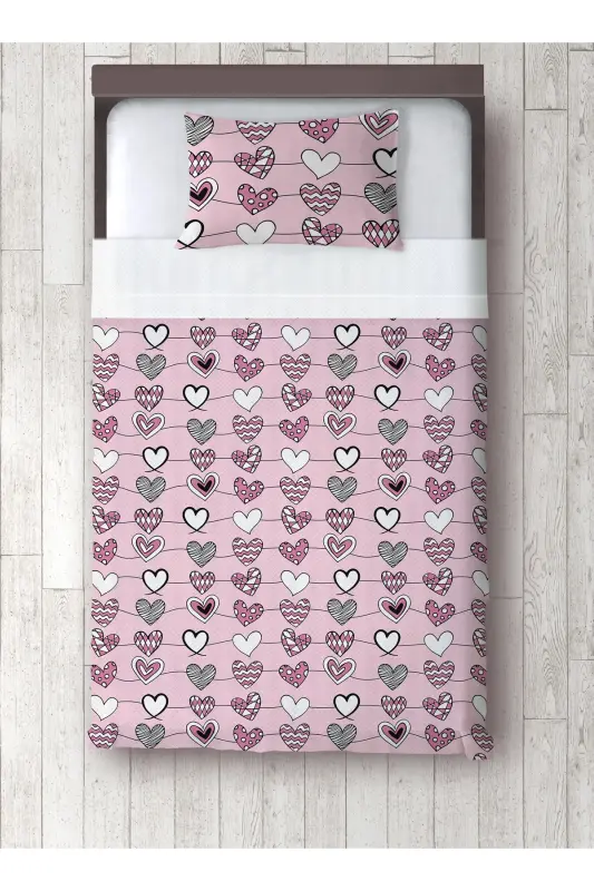 PEMBE ZEMİN KALPLER Desenli Bebek Çocuk Tek Kişilik PİKE ve YASTIK KILIFI Yatak Örtüsü Takımı-PEMBE ZEMİN KALPLER - 2