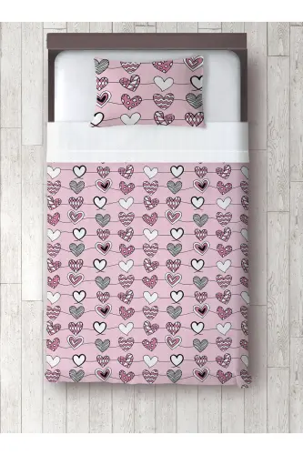 PEMBE ZEMİN KALPLER Desenli Bebek Çocuk Tek Kişilik PİKE ve YASTIK KILIFI Yatak Örtüsü Takımı - PEMBE ZEMİN KALPLER - YOK YOK EVIM EVE DAIR HER ŞEY (1)