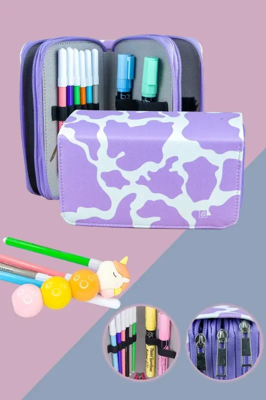 Pencil Box Cow Lilac Vegan Leather Three Compartment (pencil case)-Cow Lilac White - ONESIZE
