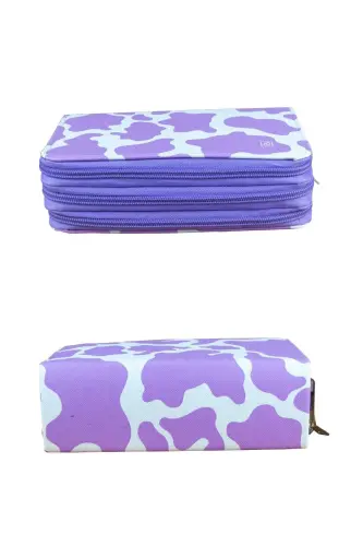 Pencil Box Cow Lilac Vegan Leather Three Compartment (pencil case)-Cow Lilac White - 3